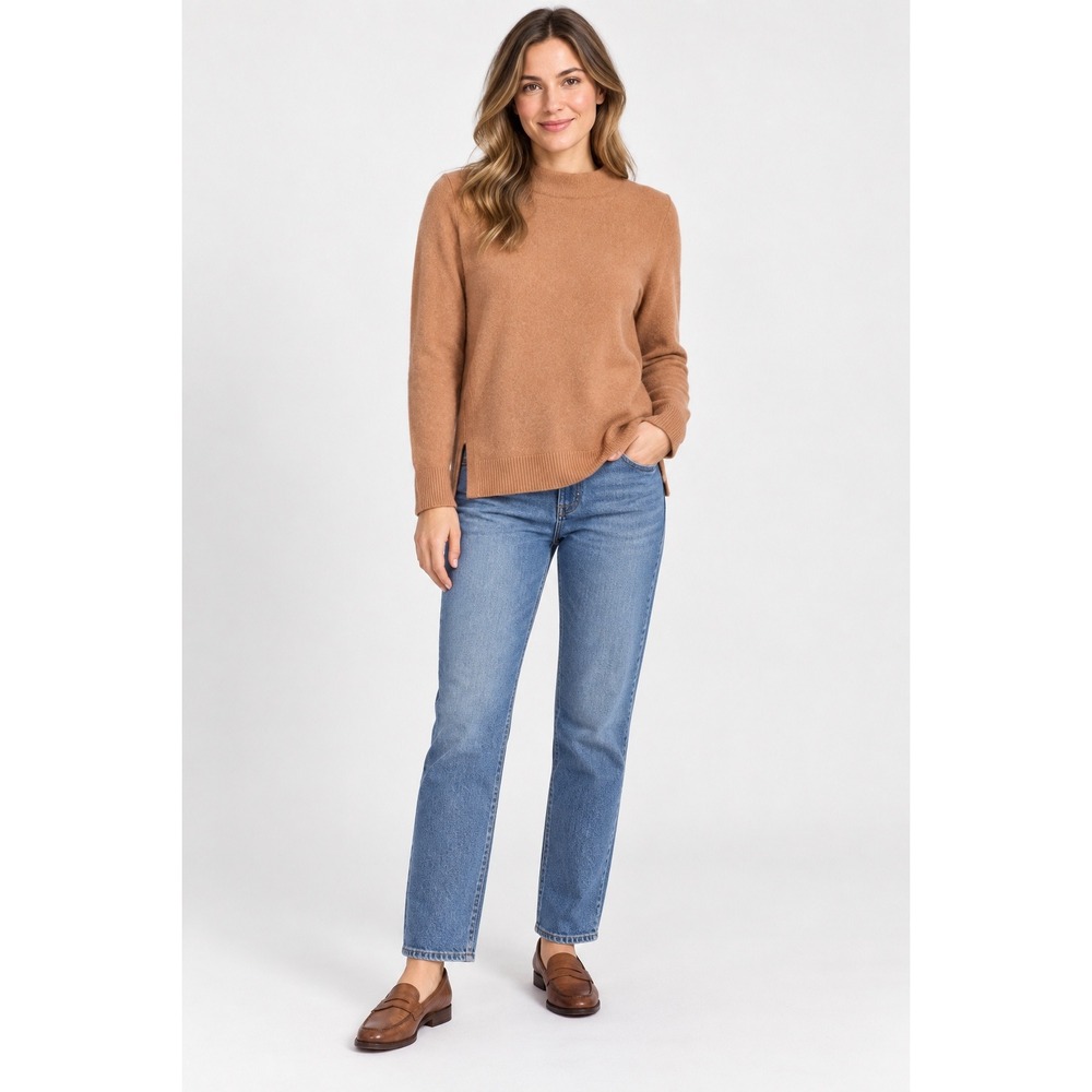 Loft Womens Camel Tan Merino Wool Blend Mock Neck Side Slit Sweater XS